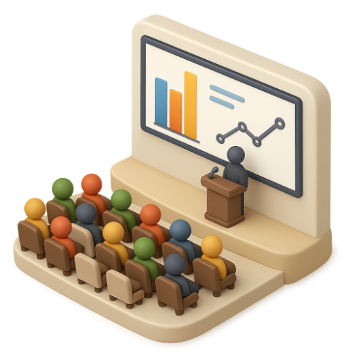 3D rendering of presenter talking about slideshow in front of an audience